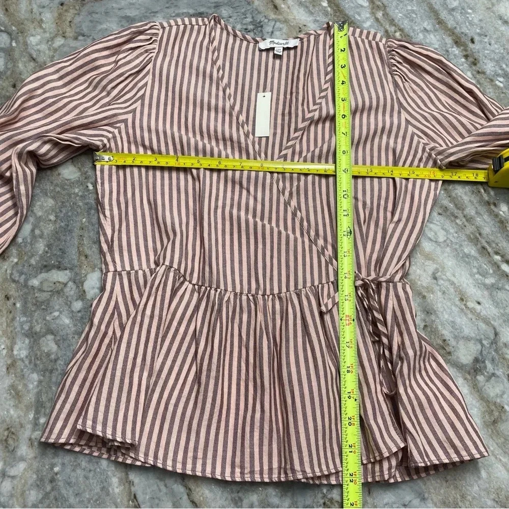 NWT Madewell Puff-Sleeve Peplum Wrap Top in Stripe XXS Style MC794 Fall 2021